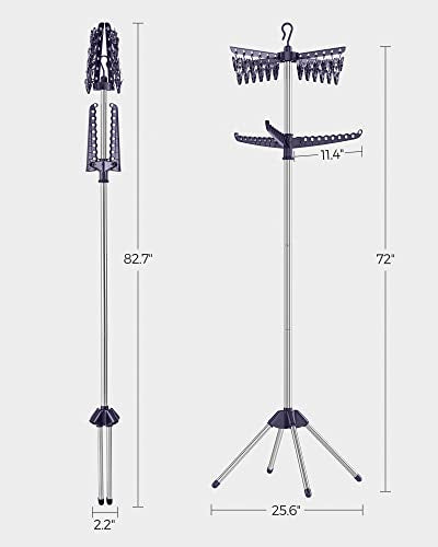 SONGMICS 2단 의류 건조대, 182.9cm(72인치) 접이식 세탁 건조대, 행거용 회전 가능한 팔 3개, 클립 24개, 스테인리스 스틸, 옷 27피스용, 블루 및 실버 ULLR512Q01 - color: 블루 + 실버, style: 2단 클립