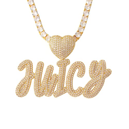 Lulu Mel Iced Out Personalized Cursive Name Necklace For Trendy Women, Custom Handmade Nameplate Pendant With Cuban Link Chain, White Gold Plated Hip Hop CZ Diamond Jewelry Gifts - color: Gold/Heart Hook