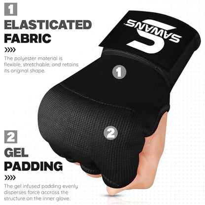 SAWANS Boxing Hand Wraps Inner Gloves for Hand Protection Long Wrist Straps Elasticated, Padded Martial Arts Combat Gloves Punching Bag Training Gel Mitts Muay Thai MMA - size: Small-Medium