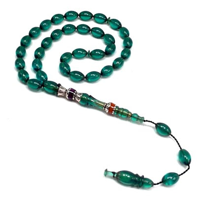 EXCLUSIVE COLLECTION -Handmade Silver Engraved Bakelite Tesbih, Tasbih, Islamic Rosary, Islamic Prayer Beads, Misbaha (7x10mm 33 Teal Green Beads) - color: 7x10mm 33 Teal Green Beads