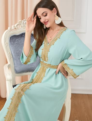 FYMNSI Women Muslim Abaya Dress Islamic Dubai Modest Lace Belted Dress Abayas Kaftan Eid Prayer Clothes Arabian Maxi Robe - color: Green, size: Medium