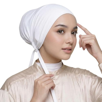 Yeieeo Women's Satin-Lined Tie Closure Hijab Undercap Non Slip,Premium Jersey Muslim Daily Wear Inner Headscarf Cap - color: White