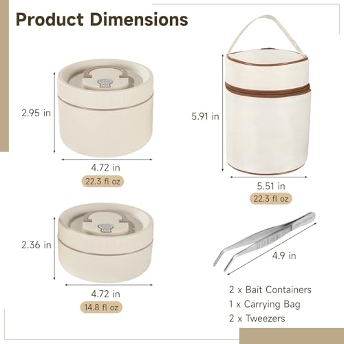 2 Pcs Fishing Bait Containers, Insulated Stainless Steel Worm Storage Box Set with Carrying Bag & Tweezers, Small (14.8 oz) & Large (22.3 oz) for Outdoor Fishing
