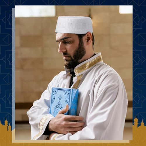 Eid Muslim 기도 Kufi 모자 남성용 기도 모자 모자 이슬람 비니 스컬 캡 자수 코피아 토피 6개 - style: 우아함
