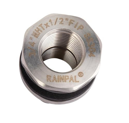 SSBF020 Stainless Steel 304 Bulkhead Tank Fitting (Double Female 1/2” NPT/FIP and Male 3/4" MHT Garden Hose Threaded, w/Step Gasket) (1)