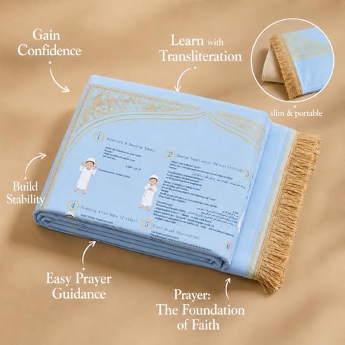Prayer Mat with Instructions, Suede Muslim Prayer Rug for Beginners | suede prayer mat with Arabic, English, and transliteration guidance for home, school, travel, kids, and reverts. - color: Blue