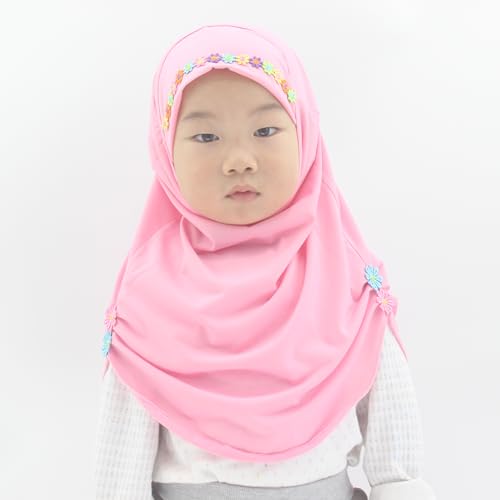 Girls Instant Hijab – Soft Kids Muslim Scarf with Flower, Breathable One-Piece Headscarf for Toddlers Age 2-8 - color: Small Flower-pink
