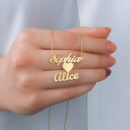 Custom Name Necklace Personalized, 18K Gold Plated Customized Nameplate Necklace Dainty Jewelry Gift for Women, Bridesmaid - color: 2 Names Necklace with Heart
