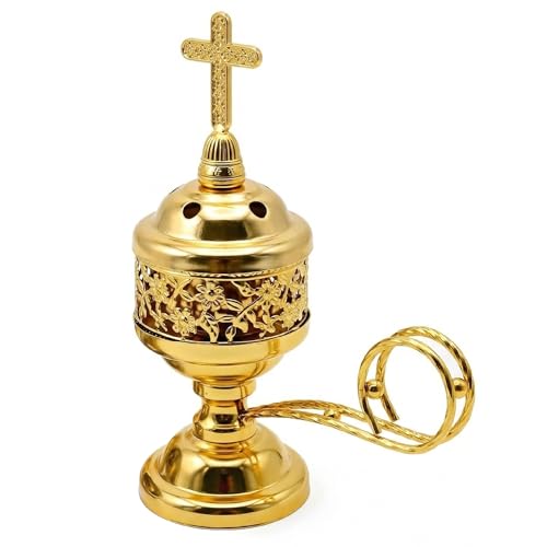 Gold Incense Burner with Cross Lid - 6 Inch Charcoal Incense Holder for Resin, Frankincense & Bakhoor - Catholic Church Censer & Home Altar Decor for Meditation, Yoga (No Tongs Included)