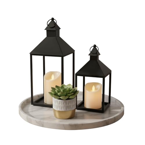Lantern Decorative Outdoor/Indoor Set of 2 (15" & 11") Black Metal Candle Lanterns with Flameless, Farmhouse Decoration for Home, Porch, Garden, Mantle, Wedding - size: 15+11in