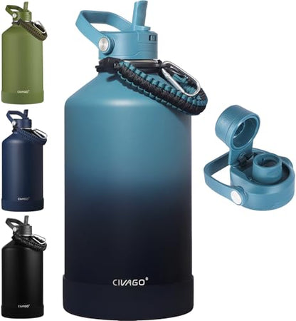 CIVAGO Gallon Insulated Stainless Steel Water Bottle with Detachable Straw, 128 oz Large Water Jug with Bucket Handle, Big Metal Leakproof Flask with Silicone Boot, Dishwasher Safe, Indigo Black - color: .Indigo Black, size: 128 Ounces