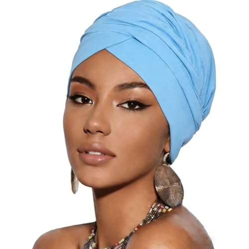 Turban Head Wrap Scarf,African Women' Soft Long Scarf Shawl Hair Bohemian Headwrap Stretch Headband Tie - color: Lake Blue