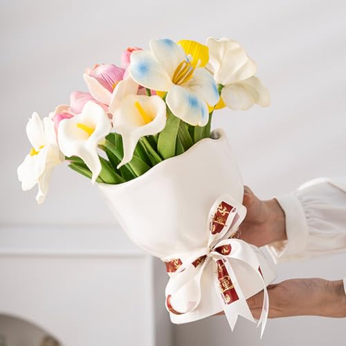 Ribbon-Tied Ceramic Flower Vase, Elegant Decorative Vase for Home, Table Centerpiece, Multiple Colors Available (White) - color: White