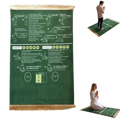 Bilingual Guided Prayer Mat with Direction Finder, Read in English and Say It in Arabic Guided Prayer Mat for Salah and Meditation (Green, L)