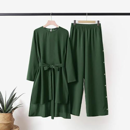 IDOPIP Women's Muslim Abaya Dress 2 Pieces Set Long Sleeve Button Down Shirt and Pants Casual Arabic Islamic Dubai Outfits - color: Green + Belt, size: 5X-Large