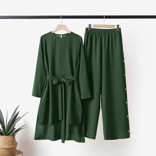 IDOPIP Women's Muslim Abaya Dress 2 Pieces Set Long Sleeve Button Down Shirt and Pants Casual Arabic Islamic Dubai Outfits - color: Green + Belt, size: Medium