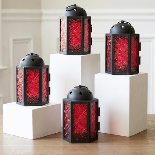 VELA LANTERNS Mini Moroccan Tea Light Candle Holder Lanterns – 4.25" Small Decorative Lantern for Table or Hanging, Metal with Glass Panels – Ramadan, Wedding, Home Decor, Ruby Red (Set of 4) - color: Ruby Red