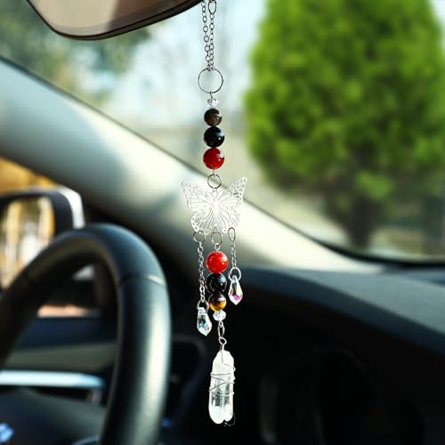 Car Rear View Mirror Butterfly Accessories, Butterfly Car Hanging Ornament Beaded Crystal Rearview Decor Charm Handmade White Jade&Red Jasper Swinging Unique Cute Interior Decor for Women Men - color: Butterfly04