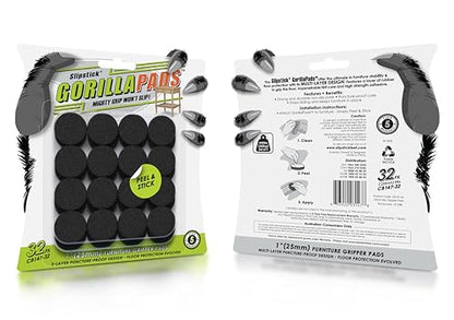 GorillaPads 1 Inch Non-Slip Furniture Pads/Gripper Feet Skids (Set of 32) Self Adhesive Rubber Floor Protectors, Round, Black, CB147-32 - size: 1" Round x 32