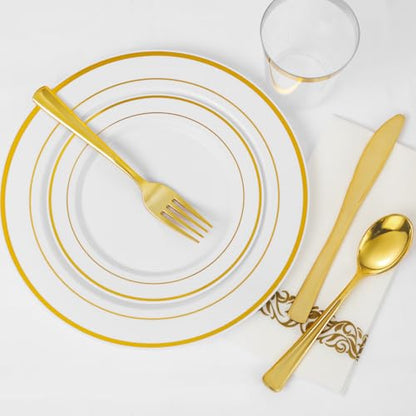 Supernal 102pcs White and Gold Plastic Plates,Disaposable Plates Heavy duty,Fancy Gold Plastic Dinnerware Set included 51 Dinner & Dessert Plates for Valentine's Day Mother's Day and Easter - color: 102pcs White and Gold Plastic Plates