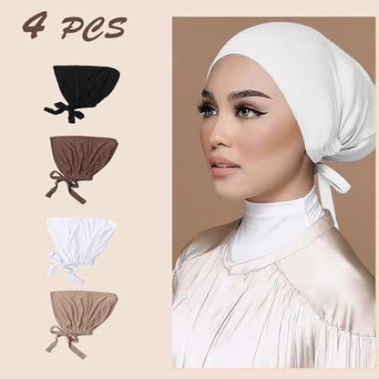 4 PCS Women's Hijab Undercaps, Turban Beanie Caps with Tie Back Closure
