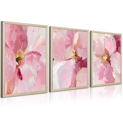 Abstract Floral Wall Art Pink Flower Canvas Pictures Modern Wall Decor Blush Pastel Pink Prints Peony Painting Minimalist Poster Botanical Artwork for Bedroom Living Room 12x16x3 Inch Wood Framed - color: Pink Flowers Prints, size: 12"x16" Framed