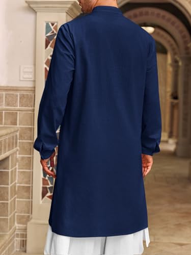 Runcati Mens Kaftan Thobe Button Down Henley Shirts Robe Long Sleeve Casual Cotton Linen Muslim Gown Shirt - color: Navy, size: Large