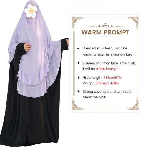 khalat Women's Hijab Chiffon Hijab for Women Muslim 2 Layers Ruffle Lightweight Large Hijab - color: Light Purple