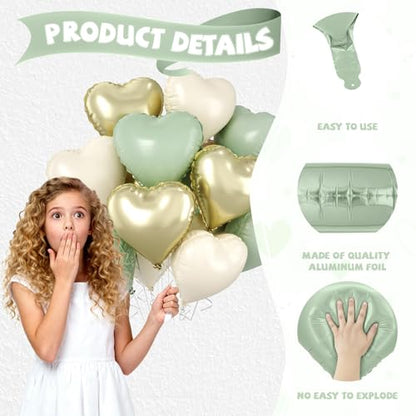 Sage Green Gold Heart Balloons, 10PCS Cream Foil for Jungle Baby Shower - color: Sage Green Gold