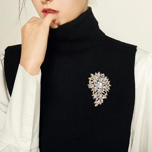 SELOVO Women's Rhinestone Crystal Wedding Flower Leaf Sparkle Brooch Pin - color: Clear Gold Tone