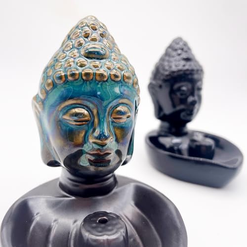 Buddha Head Incense Holder for Sticks, Small Ceramic Incense Burner Healing, Meditaiong, Zen, Timer of Spa or Yoga, with Ash Catcher (Blue) - color: Blue