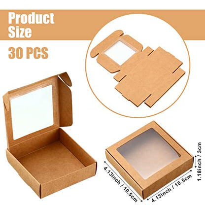 Zonon 30 Pcs Kraft Paper Boxes with Window 4.13 x 4.13 x 1.18 Inch Candy Packaging, Small Gift Boxes, Soap holder, Mini Treat Packaging for Bakery Chocolate Jewelry Display (Brown) - color: Brown