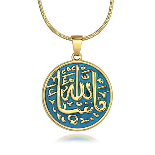 Hipunk Islamic Allah Pendant Necklace - 316L Stainless Steel Round Coin Medallion Gold-Tone Arabic Adjustable Snake Chain Muslim Gift Men Jewelry - color: dark blue