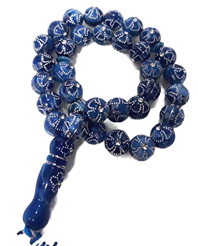 Muslim Tasbih 33 Prayer Bead Rosary AMN-312 Islam Praying Misbaha Beautiful Design 10 mm. Islamic Religion Subha Sibha Eid Ramadan Gift (Blue) - color: Blue