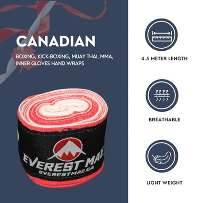 Canada Flag Handwrps Boxing, Kickboxing, MMA, Martial Arts, 4.5 Meter 180 Inches Elasticated Thumb Loop Bandages, Inner Gloves, Boxing, MMA, Muay Thai