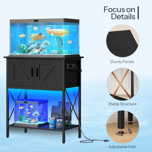 HOOBRO 20 Gallon Fish Tank Stand with Power Outlets and LED Light, Metal Frame Aquarium Stand, Reptile, Turtle Tank Stand with Cabinet Storage, 27.6'' L x 15.7'' W, 300 LBS Capacity, Black BB40UDFT01 - color: Black