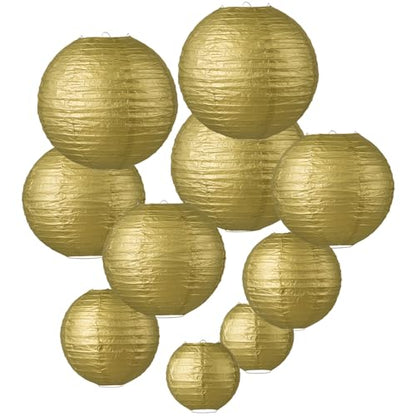 LIHAO 10PCS Mixed Size Gold Paper Lanterns for Weddings, Birthdays, Parties and Events (6"/ 8"/ 10" /12") - color: Gold