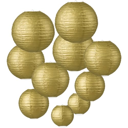 LIHAO 10PCS Mixed Size Gold Paper Lanterns for Weddings, Birthdays, Parties and Events (6"/ 8"/ 10" /12") - color: Gold
