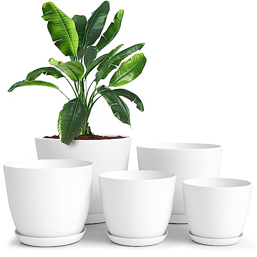 Plant Pots Indoor with Drainage, 5 Pack Multi-Size Planters Set, White | Drainage holes included Multiple sizes 7/6.6/6/5.3/4.8 In Indoor plants and flowers Durable plastic construction - color: White, size: Pack of 5