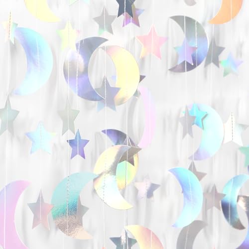 Iridescent Disco-Holographic Party-Decorations Moon-Star Garland - 62Ft Twinkle Little Star Hanging Neon Streamers Banner,Eid Ramadan Mubarak Decoration Birthday Wedding Baby Shower Decor Panduola - color: Iridescent Holographic