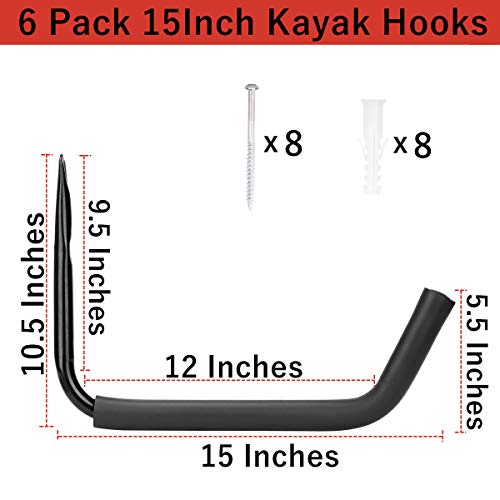 Kayak Storage Rack, Heavy Duty Wall Mount Kayak Hanger for Secure Storage, Garage Hooks for Kayaks, SUP Paddle Boards, Canoes, Surfboards - size: 10.5" x 15", Pack of 6