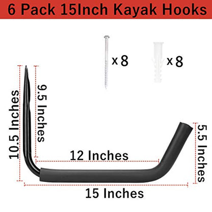 Kayak Storage Rack, Heavy Duty Wall Mount Kayak Hanger for Secure Storage, Garage Hooks for Kayaks, SUP Paddle Boards, Canoes, Surfboards - size: 10.5" x 15", Pack of 6