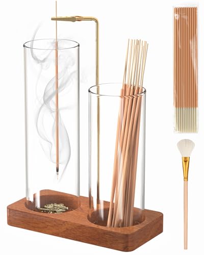 Incense Holder with Glass Jars, 2 in 1 Incense Sticks Holder & Ash Catcher, Upside Down Incense Burner with Storage for Meditation, Yoga, Spa, Home Decor, with 20 Incense Sticks & Brush - color: Round Brown