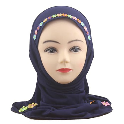 Girls Instant Hijab – Soft Kids Muslim Scarf with Flower, Breathable One-Piece Headscarf for Toddlers Age 2-8 - color: Small Flower-navy