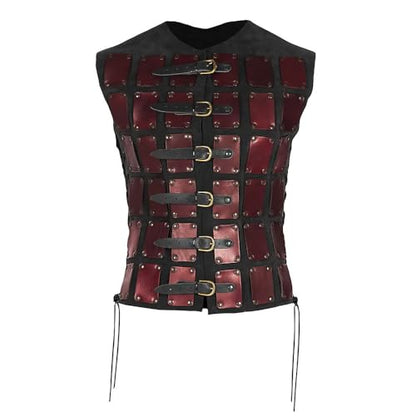 Viking Chest Guard, Medieval Vest Chest Armor with 6-Layer Belt Buckle, Steampunk Cosplay Knight Breastplate - color: Red