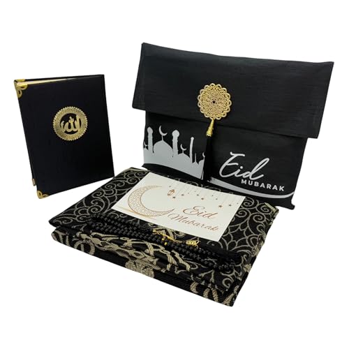 Modefa Luxury Islamic Thin Travel Prayer Mat in Satin Gift Bag - Deluxe 4 Piece Travel Set with Dua Book & Prayer Beads Tesbih - Thin Chenille Turkish Praying Carpet - Eid Gift Set (Black) - color: Black