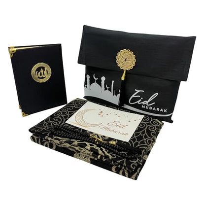 Modefa Luxury Islamic Thin Travel Prayer Mat in Satin Gift Bag - Deluxe 4 Piece Travel Set with Dua Book & Prayer Beads Tesbih - Thin Chenille Turkish Praying Carpet - Eid Gift Set (Black) - color: Black