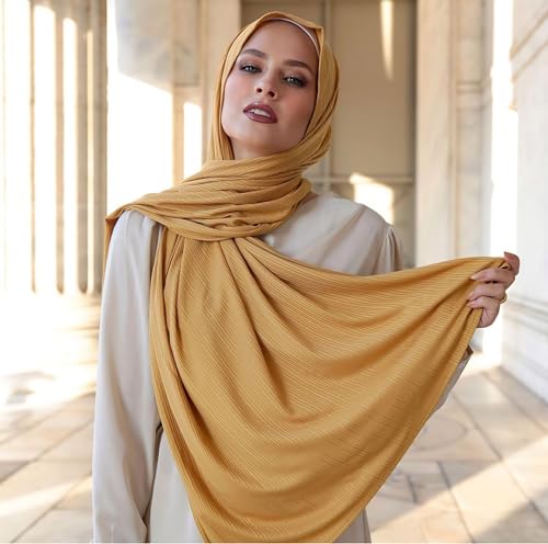 Ribbed Jersey Hijab Scarf for Women, Hijab for Women Muslim Breathable Stretchy Hajib - color: Mustard
