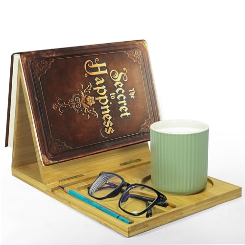 ZenRich Bamboo Wooden Book Stand Holder - Unique Book Nook Reading Valet with Cup, Glasses & Pen/Tablet/Kindle Holder. Foldable Bookmark - Ideal for Lovers