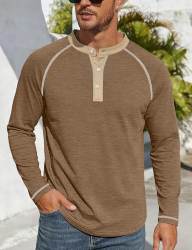 Men's Henry Long Sleeved T-Shirt Cotton Casual Button Lightweight Pullover Shirt Soft Stretch Tees Tops - color: Heather Camel, size: Large